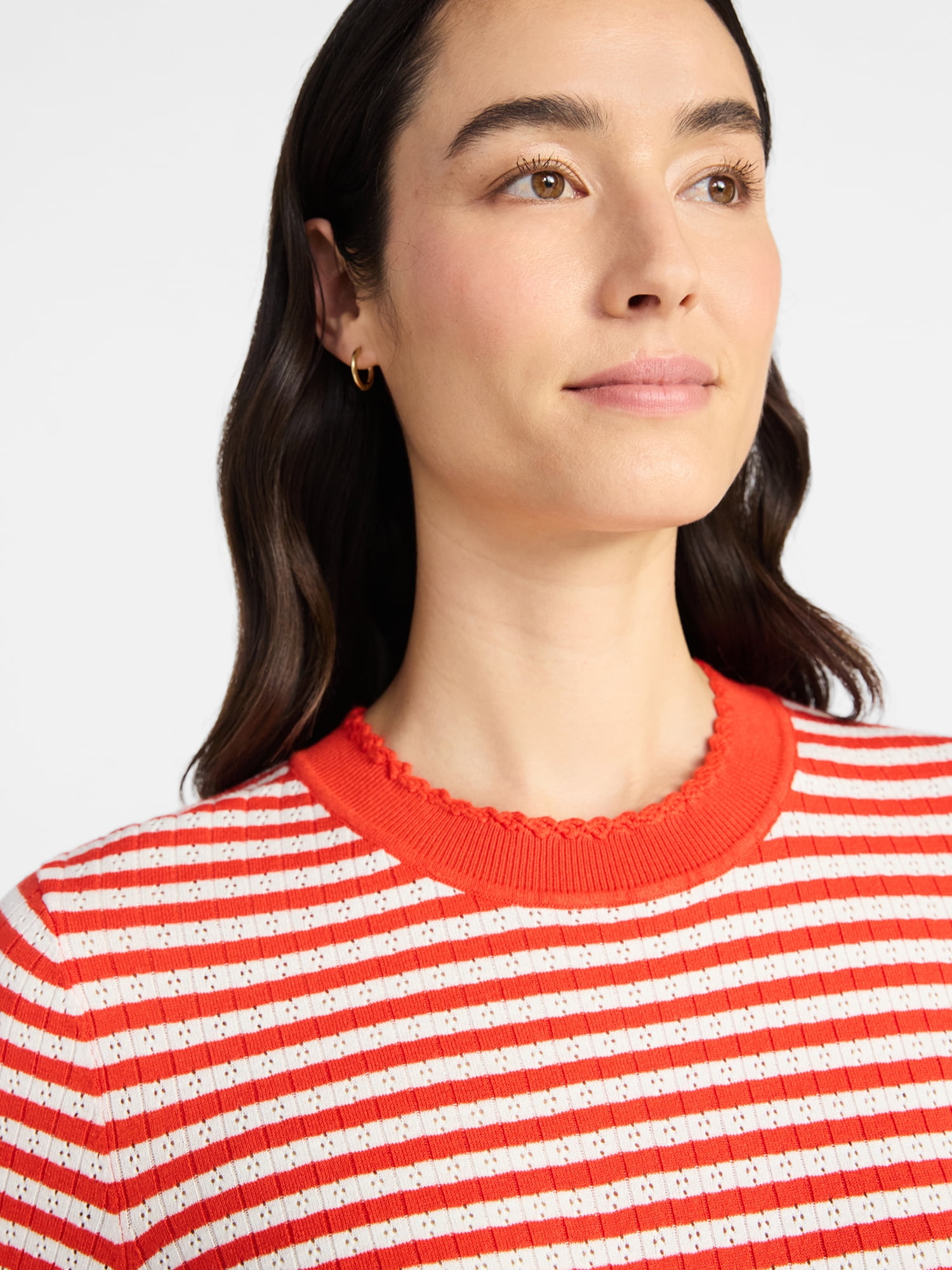Time and Tru Women's Striped Pointelle Pullover Sweater with Long Sleeves, Midweight, Sizes XS-XXXL