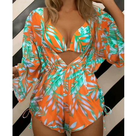 TMOYZQ Women s Tropical Print 3 Piece Swimsuit Sets Triangle Halter String Sexy Thong Bikini Sets Bathing Suits with Drawstring Side Beach Cover Ups Swimwear
