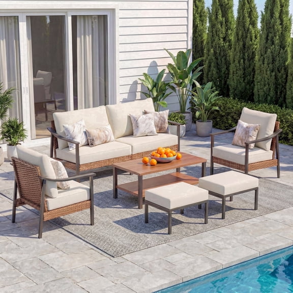 LAUSAINT HOME 6-Piece Patio Conversation Set, All-Weather PE Rattan Outdoor Furniture Sets with Cushions for Backyard Porch