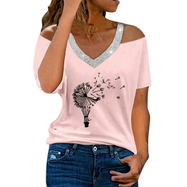 Gibobby Playera Manga Corta para Mujer Camiseta suelta informal con cuello en V para mujer, blusa manga corta con estampado(Rosa,XL)