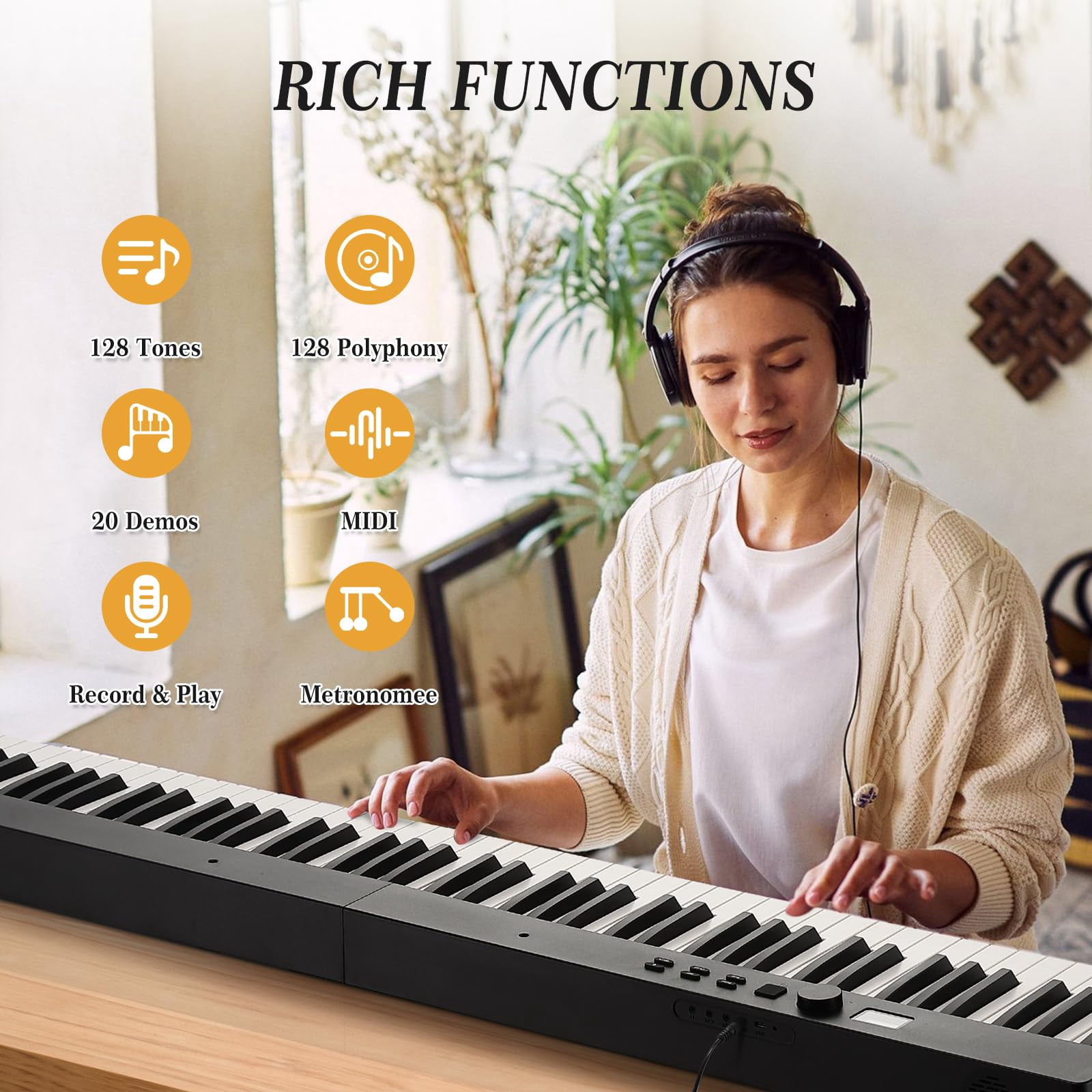 Juiluna Folding Piano Keyboard,Portable Piano Keyboard 88 Keys for Beginner,Full Size Digital Piano with Sus/tain Pedal,Headphones, Handbag, Blue/tooth, USB MIDI for Beginner,Kids,Adult