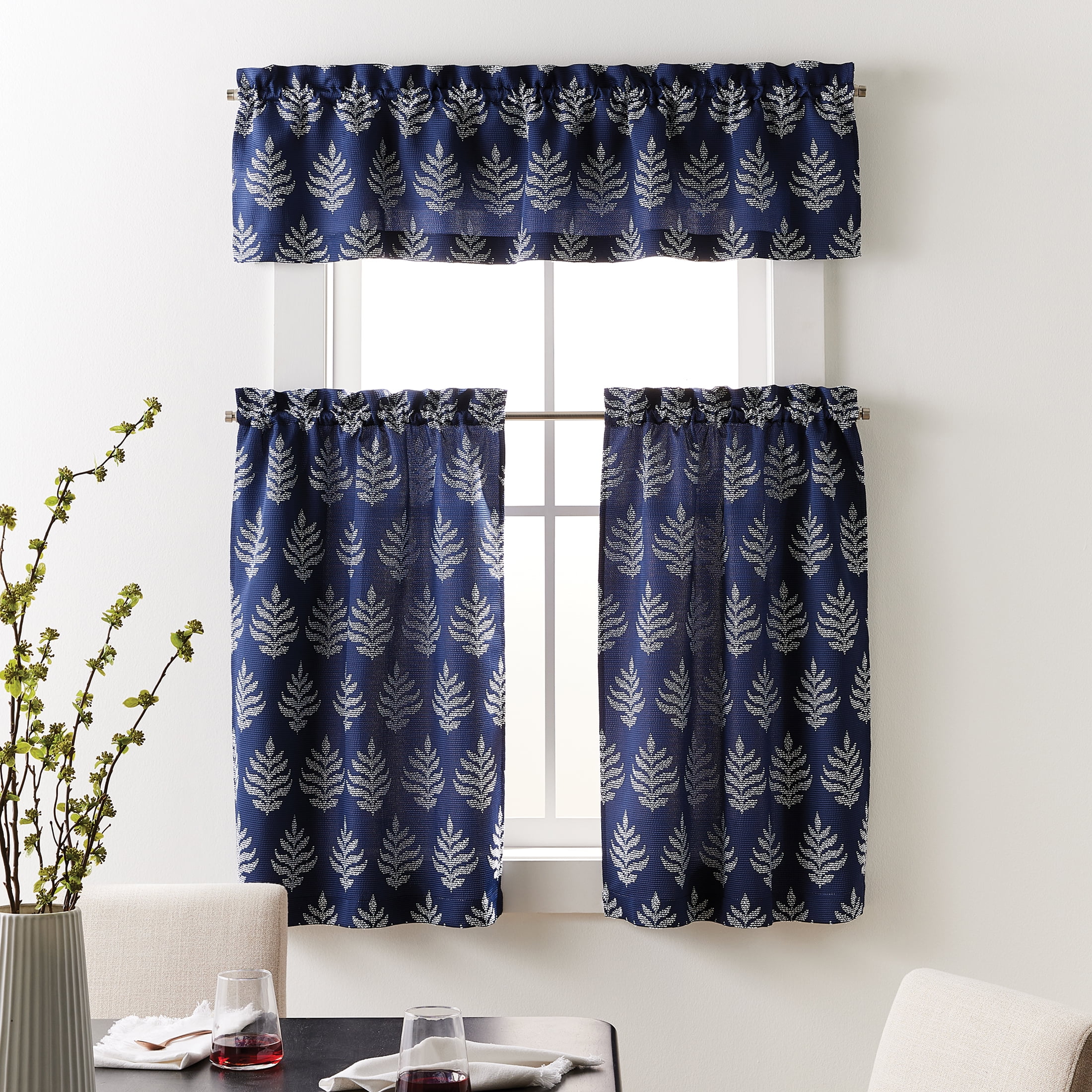 (2 pack) Better Homes & Gardens Rowan 3-Piece Indigo Blue Jacquard Kitchen Curtain Set