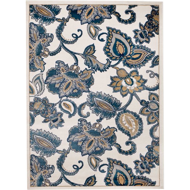Madison Collection 4x5 Floral Ivory/Blue Modern Area Rug (Multiple