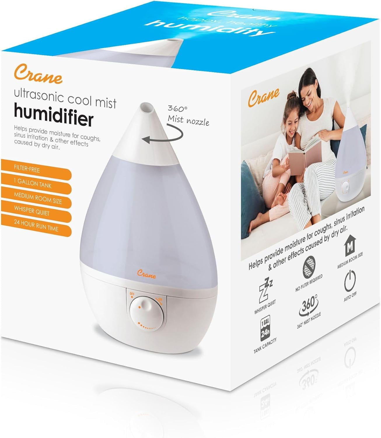 Crane White Drop Ultrasonic Cool Mist Teardrop Humidifier, 1 Gallon, Auto Shut-Off, Baby Humidifier for Nursery and Bedroom