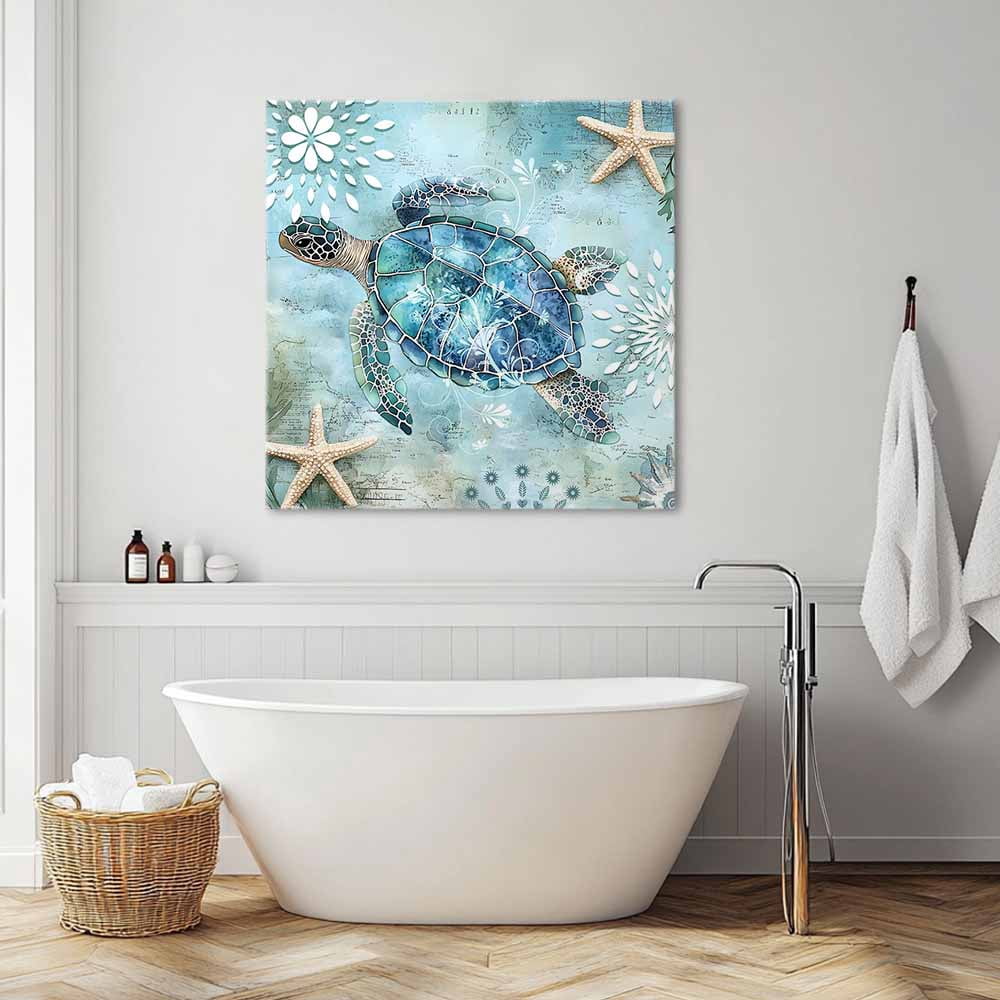 Ocean Sea Canvas Wall Art, Turtle Starfish Undersea Nautical Vintage Blue Framed Wall Decor Modern Artwork Prints Painting for Living Room, Bedroom, Kitchen & Cafe Decor 16x16 Inch