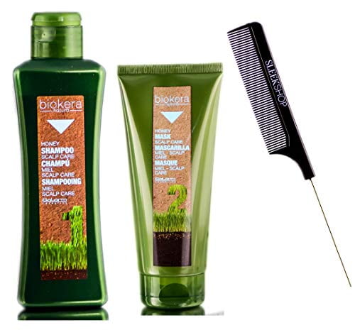 Salerm Cosmetics Biokera Natura HONEY Scalp Care Shampoo & Mask DUO KIT (w/Sleek Steel Pin Rat Tail Comb) Dandruff Hair Masque (11 oz + 6.8 oz DUO KIT)