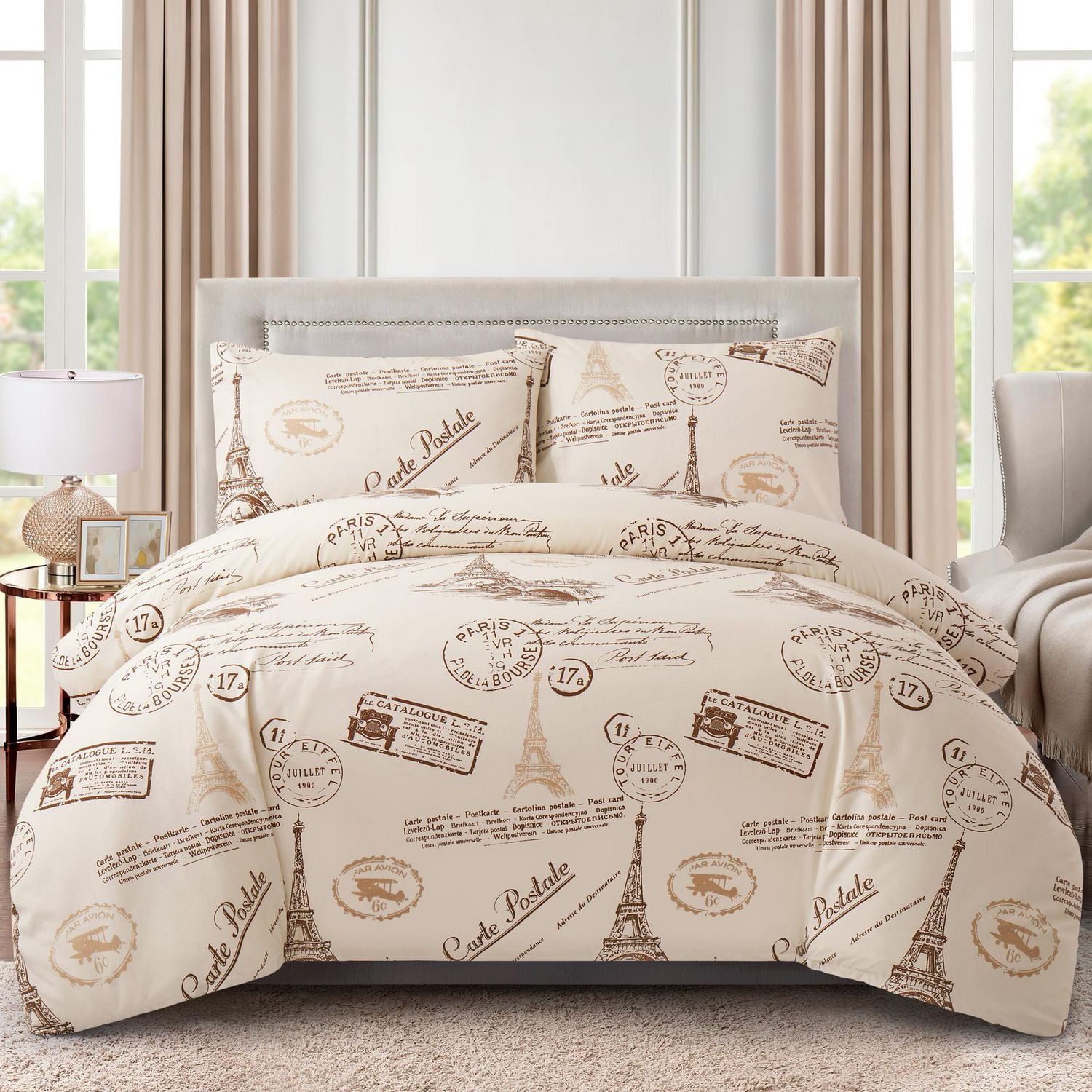 Marina Decoration Ultra Soft Silky Zipper Rich Rayon from Bamboo All Season Printed Duvet Cover Set with Pillowcase, Eiffel Tower Ivory Pattern