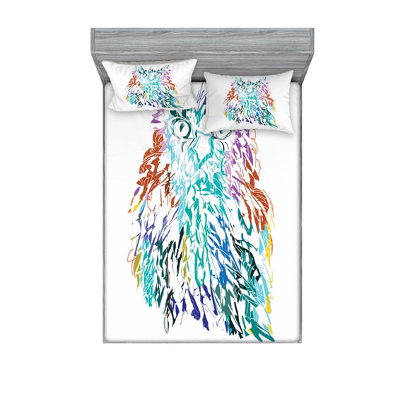 Ambesonne Colorful Fitted Sheet & Pillow Sham Set, Feathers Eyes Vision, Full, Multicolor