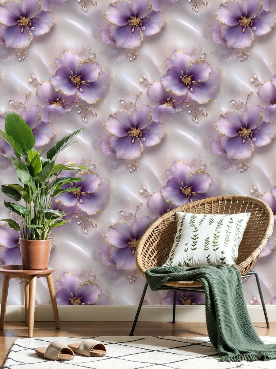 Peel and Stick Wallpaper Delicate Purple Floral Design Gold Accents Gemstone Wall Mural 23.6in x 9.8ft Self Adhesive Removable Wall Paper Renter Friendly Wallpaper for Nursery Bedroom