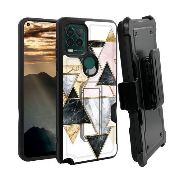 ANJ  Rugged Shockproof Holster Case w/Card Slot, Kickstand   Tempered Glass for Motorola Moto G Stylus 5G - Marble Puzzle