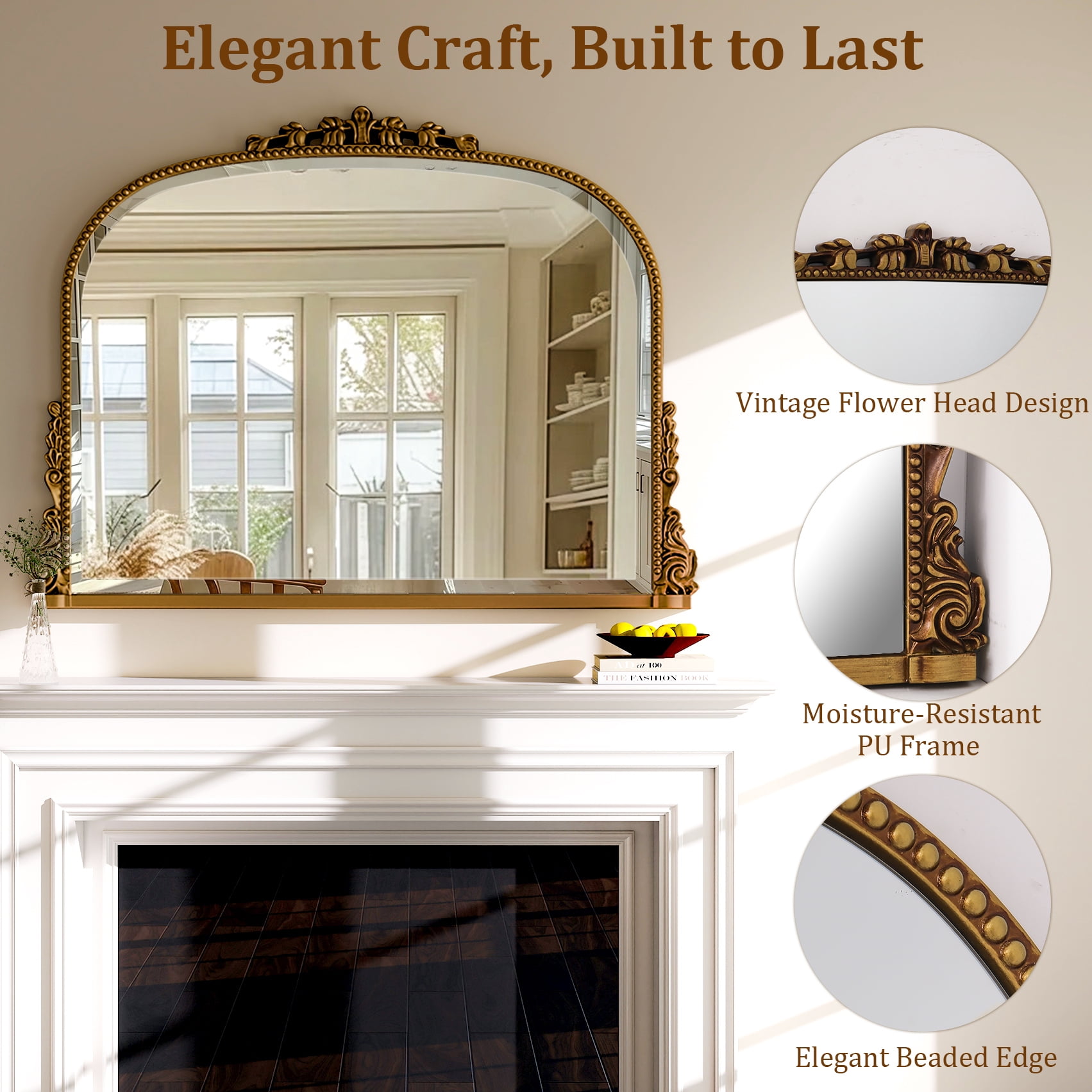 Clarvion 44"x32" Vintage Bathroom Mirror Arched Decorative Wall Mirror, Antique Gold