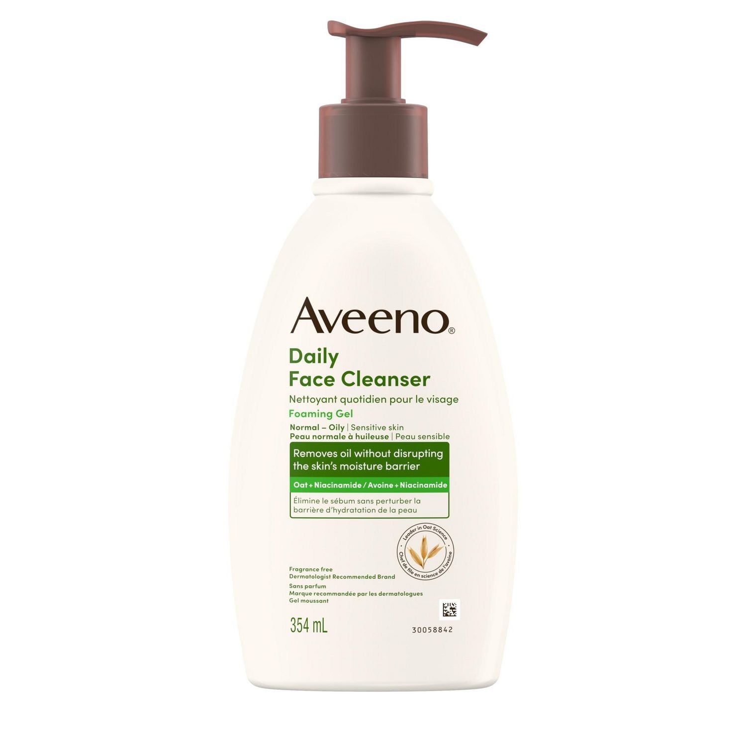 Nettoyant quotidien pour le visage Aveeno, Gel nettoyant moussant doux pour le visage pour les peaux normales à grasses, Élimine le sébum sans perturber la barrière d'hydratation de la peau, Avoine et 354 mL