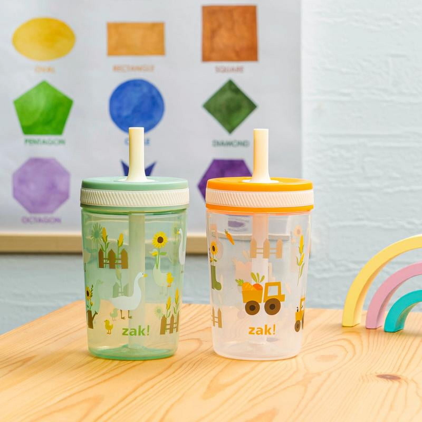 Zak Designs Kelso Kids Leakproof Straw Cup with Silicone Spout - Plastic, 15 Ounces, 2 Pack BPA Free Water Bottles