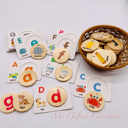 Double-Sided Wooden Moveable Alphabets Letters w/ Vocabulary Flashcards - Homeschool Montessori STEM Toy- Toddler Preschool Phonics Spelling