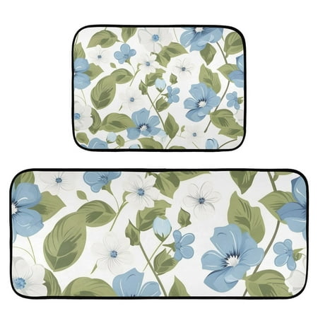 

Blue White Flowers Leaves Rug Carpets Floor Mats Non-slip Water Absorption Set of 2 for Kitchen Bathroom Laundry