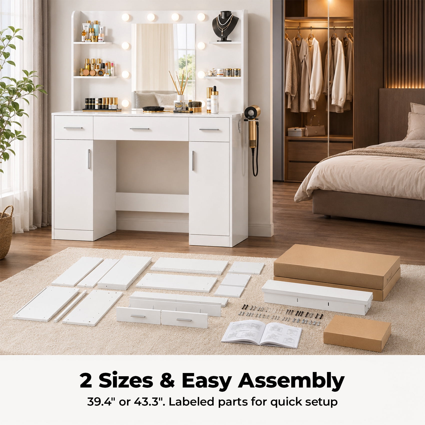 Alvantor Vanity Desk with Mirror & Lights, LED Makeup Table with Drawers & Shelves, USB Ports, White