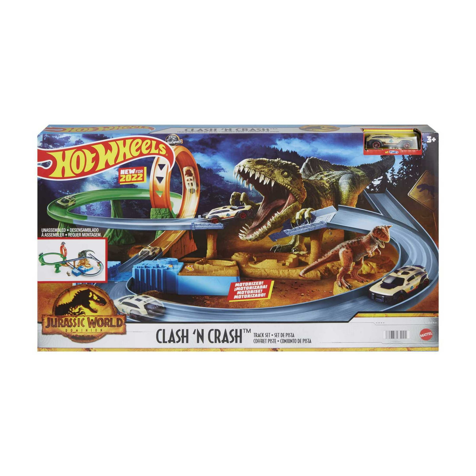 Hot Wheels Jurassic World Clash ‘N Crash Track Set, for Kids 3 Years Old & up