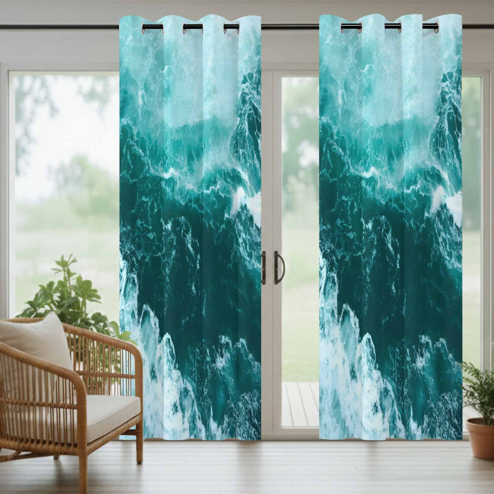 Ocean Waves Outdoor Curtains for Patio, Modern Nautical Dark Green Ocean Waves Sunshade Privacy Drapes Grommet Waterproof Outside Curtains for Porch/Cabana/Balcony 54"x 108", 1 Panel