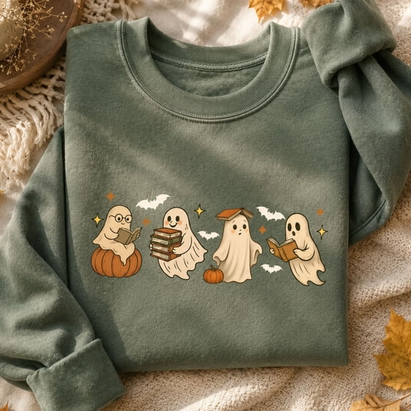 Halloween Shirt, Cute Reading Ghost Sweatshirt, Spooky Book Lover Hoodie, Pumpkin Library T-Shirt, Halloween Gift for Readers and Teachers