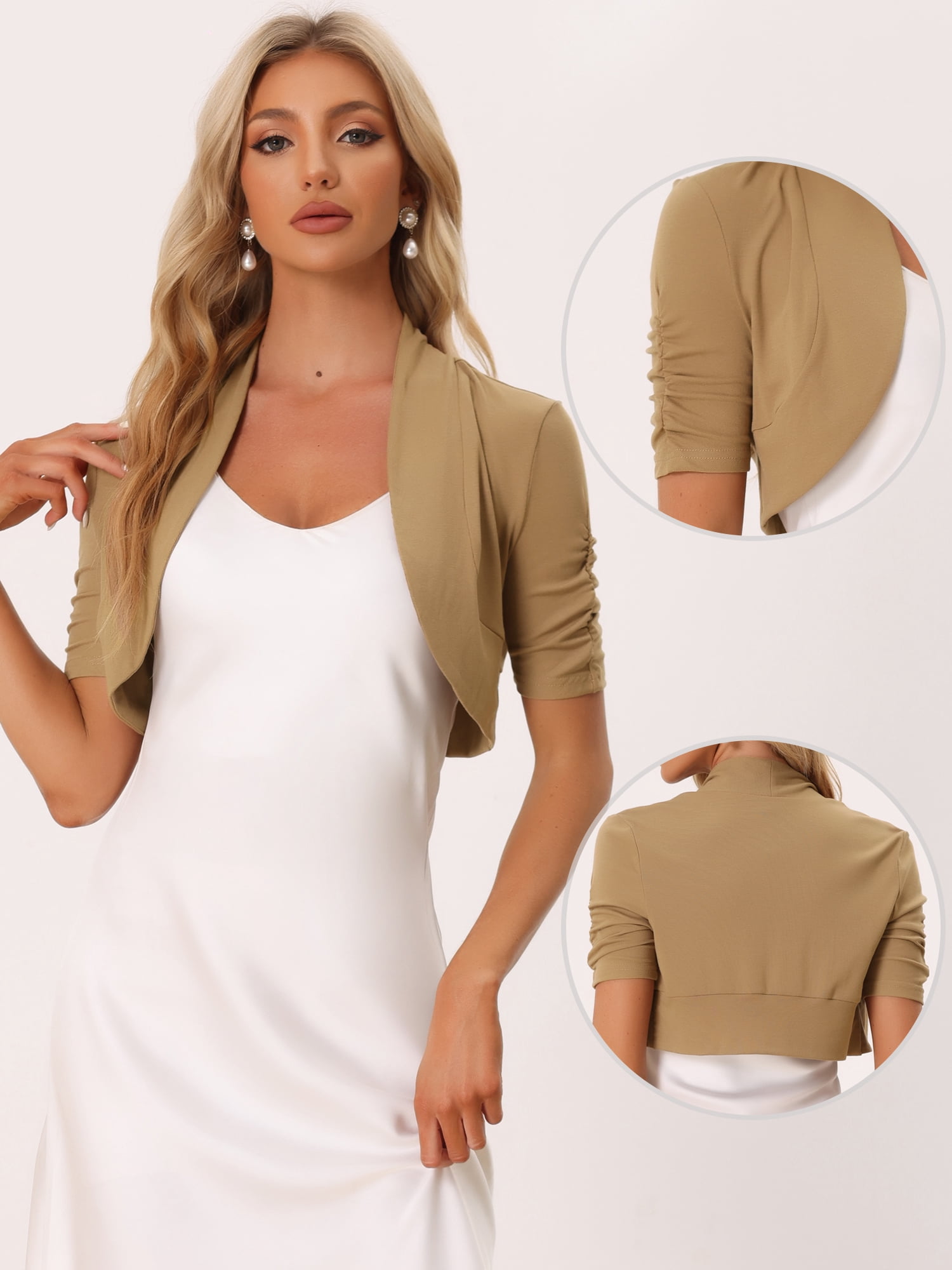 DARING DIVA Women's Ruched Short Sleeve Shrugs Bolero Cropped Cardigan S Camel