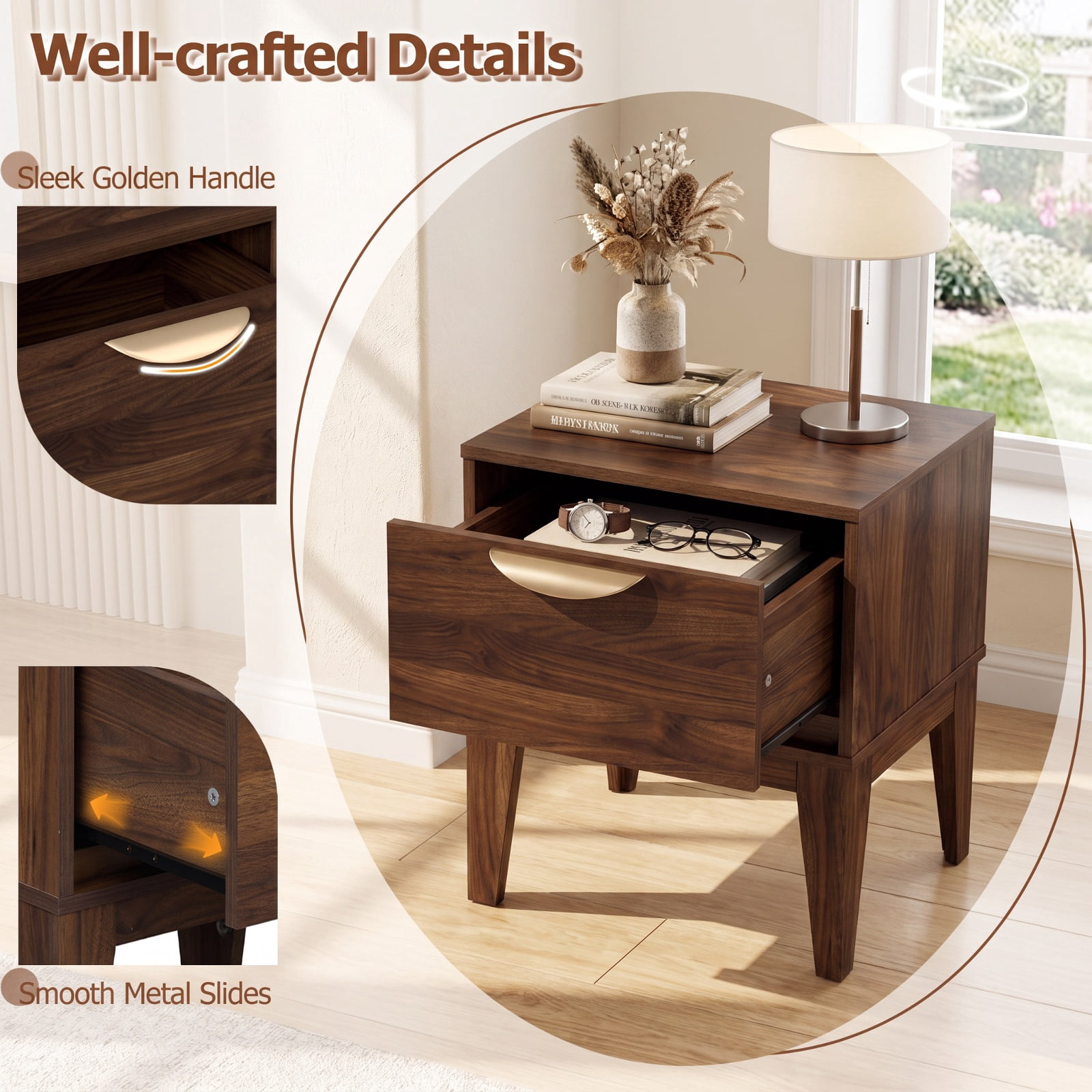 Furnibear Mid Century Modern Bedside Table with Drawer and Tapered Support Feet for Bedroom for Bedroom Living Room Bedside Sofa Side Small, Walnut
