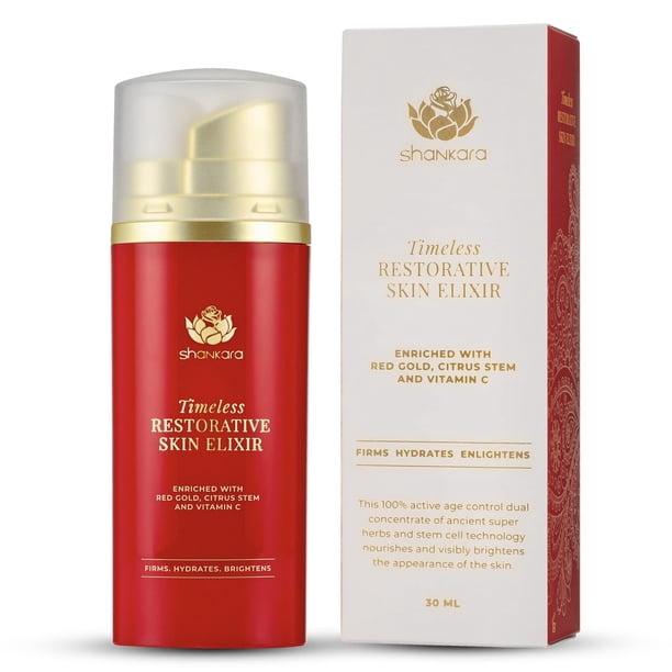 Shankara Timeless Restorative Skin Elixir - Suero facial ayurvédico antienvejecimiento 2 en 1 y aceite facial Kumkumadi con azafrán de oro rojo puro, vitamina C y sándalo - Cuidado de la piel inspirad