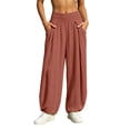 thumbnail image 4 of Women Solid Double Crinkle Elastic High Waist Jogger Pants, Side Pockets Loose Daily Casual Long Trousers Red L(L), 4 of 9
