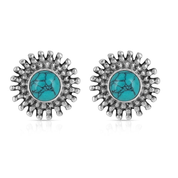 Gemshiner Round Stud Blue Natural Turquoise Earrings 925 Sterling, Sterling Silver
