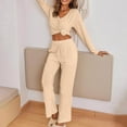 thumbnail image 3 of DuoJiaJ Womens Ribbed Knit Pajamas Set V Neck Long Sleeve Pj Set Matching Outfits Top And Pant Loungewear Casual Sweatsuits Cotton Nightwear For Women Khaki, 3 of 5