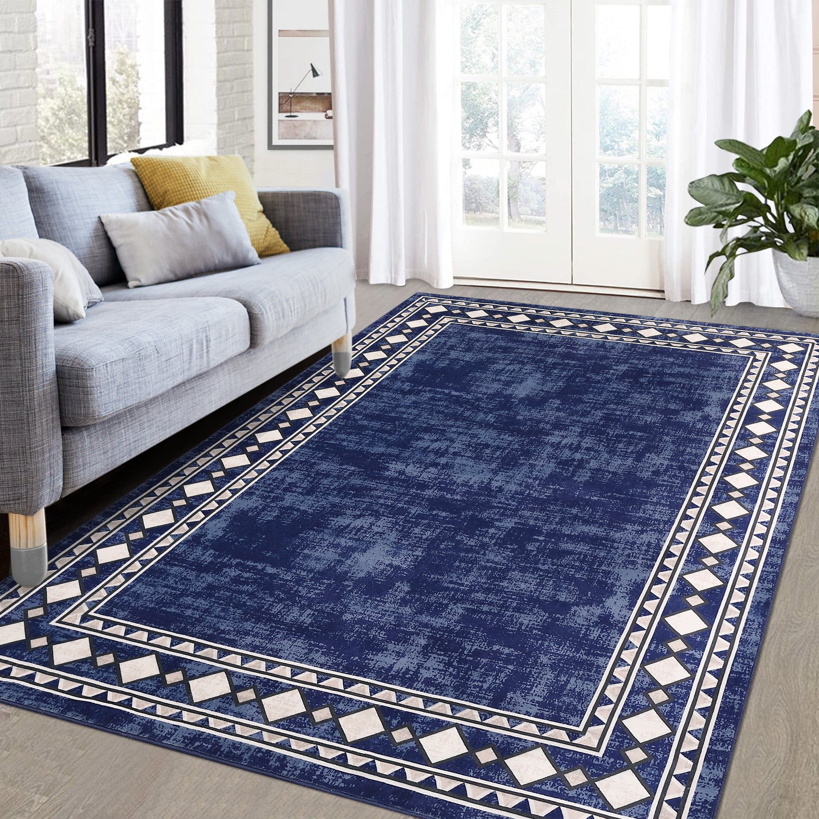 Garvee 10'x13' Geometric Bordered Area Rugs Contemporary Rugs for Living Room, Non-Slip Washable Rugs Soft Throw Rugs Low-Pile Stain Resistant Carpet for Bedroom Dining Room Farmhouse, Blue
