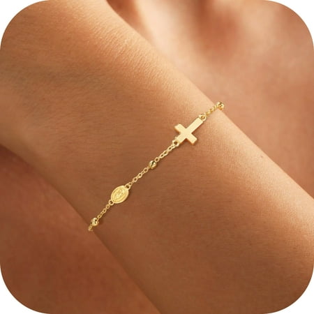Turandoss Cross Bracelet for Women Dainty 14K Gold Plated Satellite Beaded Holy Mary Medal Faith Jewelry Teacher Appreciation Mothers Day Graduation Gifts for Her Mom Kids Teen Girls Wife Ideas