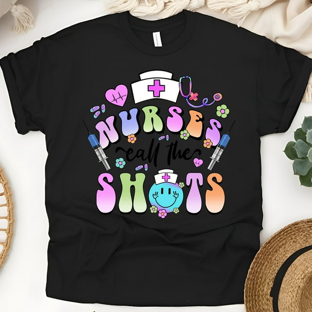 Nurses Call The Shots T-Shirt | Funny Nurse Graphic Tee with Syringe Design, Black, Size L