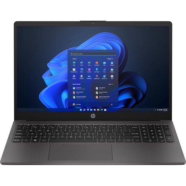 notebook hp 255 g10 15.6" fhd - amd ryzen 7 7730u 2.0ghz - 16gb ram - 1tb pcie ssd - cámara web - wi-fi 6 + bluetooth 5.3 - windows 11 pro vista frontal centrada del portátil abierto con pantalla FHD de 15,6" mostrando el escritorio de Windows 11 Pro, teclado completo con teclado numérico, área de teclado texturizada oscura, cámara web integrada en la parte superior y logo HP bajo la pantalla, touchpad amplio; ideal para ofimática y productividad.