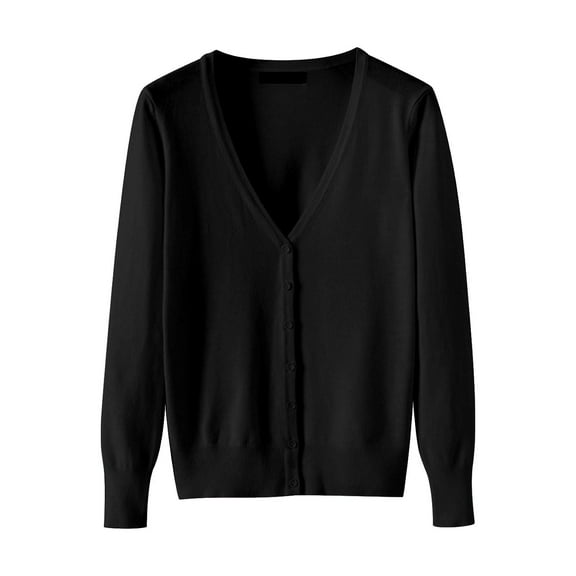 Black Cotton Wide Neck Women's Cardigan, Women's Lightweight V Neck Cardigan Sweater (Available In Plus Size)