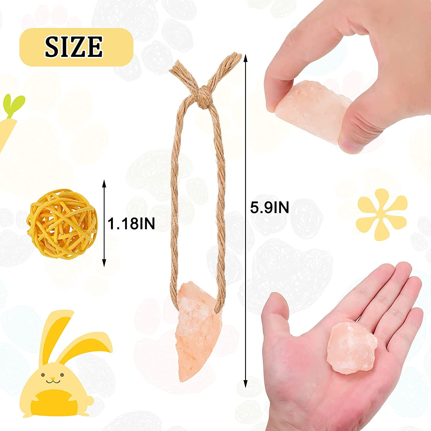 12 Pieces Himalayan Small Pets Lick Salt Block on Rope Set Including 6 Colorful Pet Chew Rattan Balls and 6 Himalayan Salt Lick Small Pet Mineral Salt