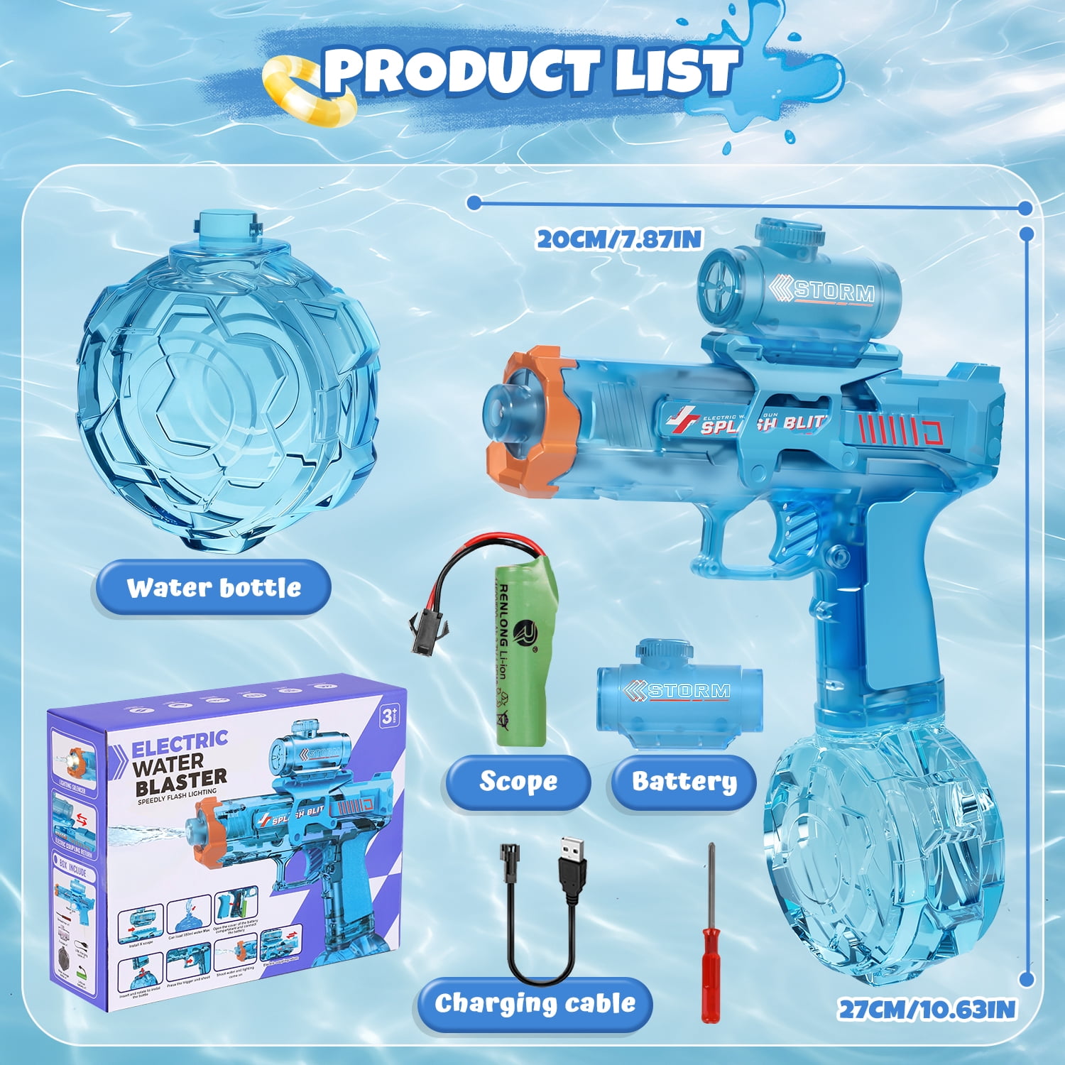 Electric Water Blaster for Kid/Adult, Transparent Automatic Squirt Blaster High Powered, 26-33 FT Long Range, Summer Outdoor Beach Pool Party Toy, Gift for Kids 8 9 10 11 12 Years Old