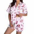 thumbnail image 1 of Christmas Pajamas For Women Snowflake Printed Silk Satin Short Sleeve Button Sleepwear Set 2Pc Pjs Set, 1 of 6