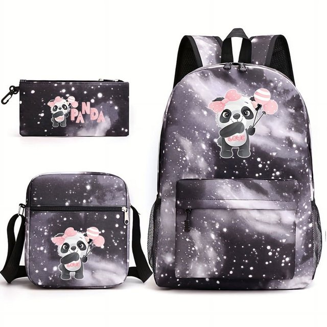 3pcs/set Cute Panda Student Backpack Set - Reinforced Shoulder Strap, Large-capacity Computer Backpack, Crossbody Chest Bag & Pencil Case for Outdoor Sports Travel
