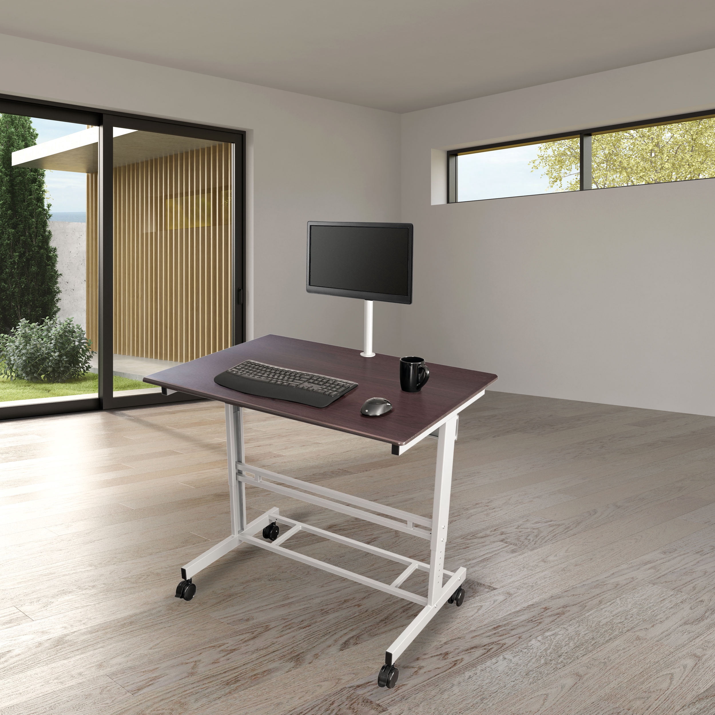 40 Mobile Adjustable-Height Stand Up Desk with Monitor Mount (Dark Walnut Shelves and Silver Frame)