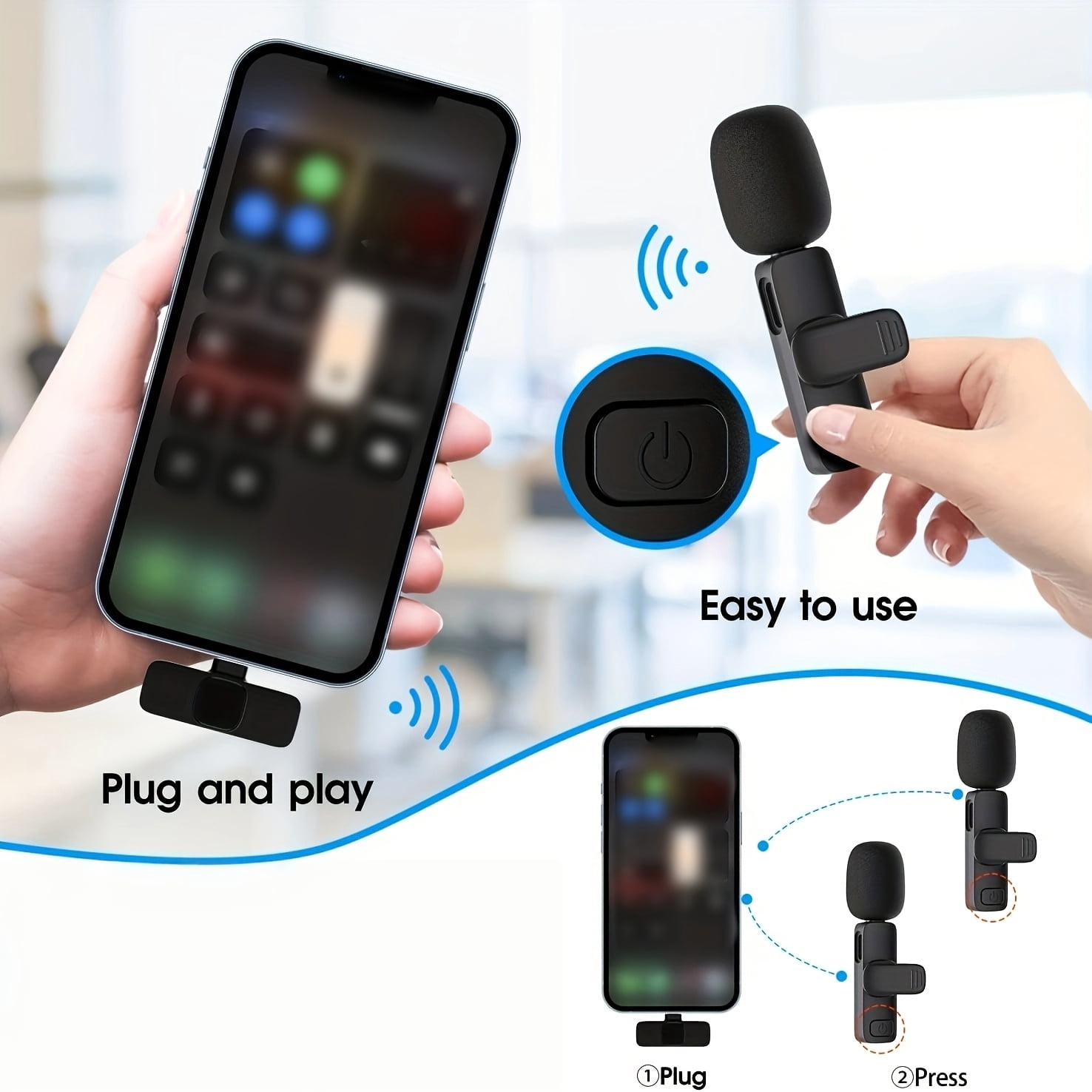 Wireless Lavalier Microphone Kit with 2 Mics, Receiver, Noise Reduction, Plug & Play, Omnidirectional, Portable