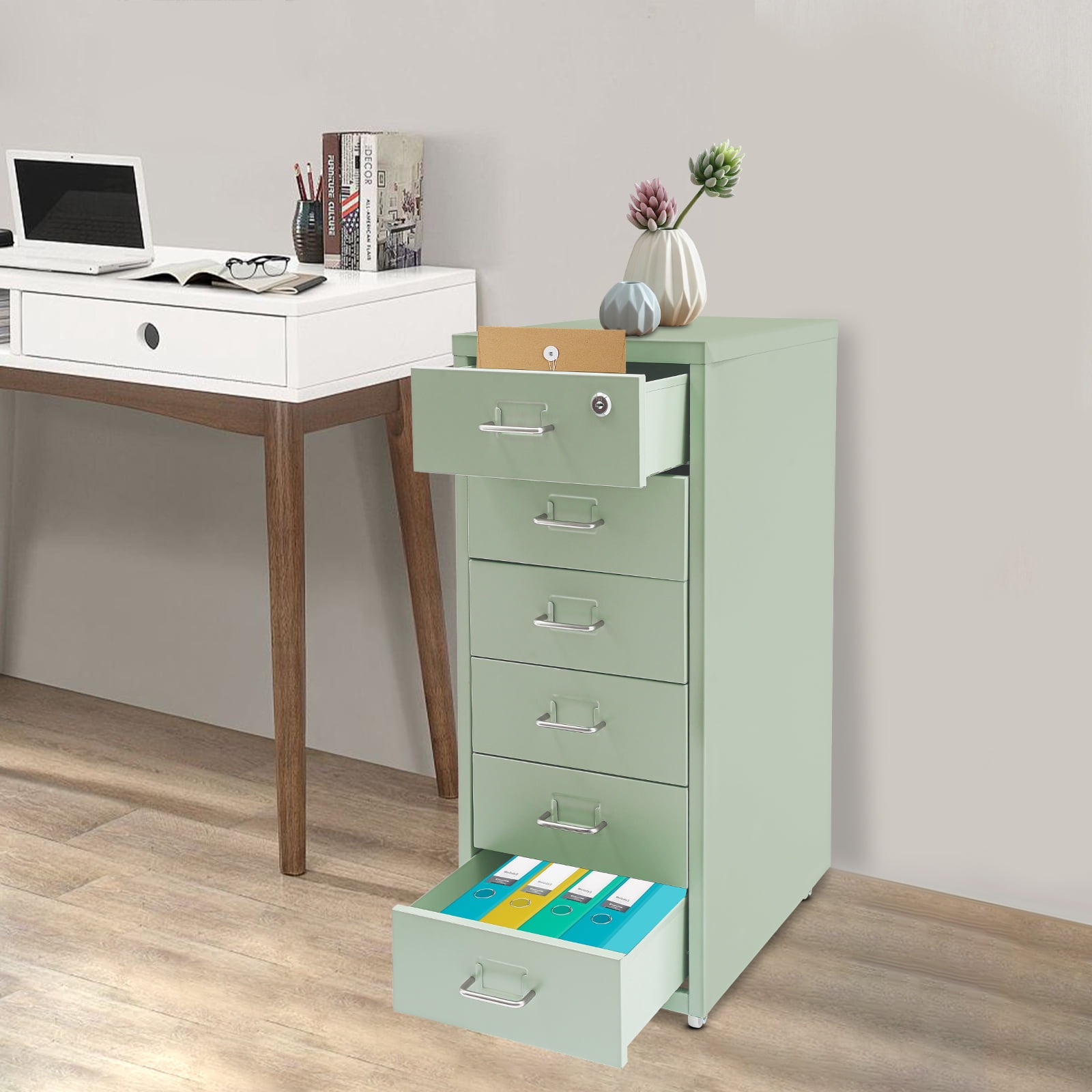 Cream Green Metal 28*41*69cm 6-Layer Wheeled File Lock Cabinet Movable Locker Multi-Layer Drawer Filing Cabinet