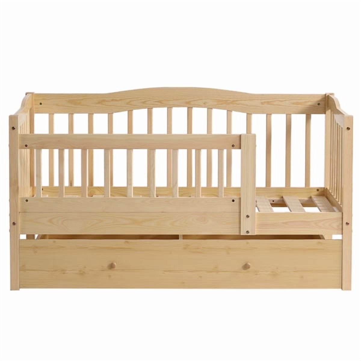 Pine Toddler Bed with Safety Side Rails & Bottom Drawer, Timeless Design for Nursery/Kid's Bedroom