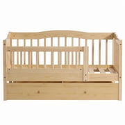 Pine Toddler Bed with Safety Side Rails & Bottom Drawer, Timeless Design for Nursery/Kids Bedroom