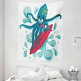 thumbnail image 1 of Ride The Wave Tapestry, Surfer Octopus Having Fun Ocean Waves Underwater Fish Print, Wall Hanging for Bedroom Living Room Dorm Decor, 60W X 80L Inches, Petrol Blue Turquoise Red, by Ambesonne, 1 of 2