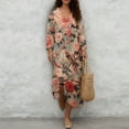 thumbnail image 4 of COEQINE Comfort Plus Size Dress 3/4 Sleeve Wrap V Neck Linen-Like Midi Tunic Dress for Women, Flowy Loose Fit Loungewear 1X 2X 3X 4X, Easy Care, Size 2XL, Vintage Floral Bird Pink, 4 of 6