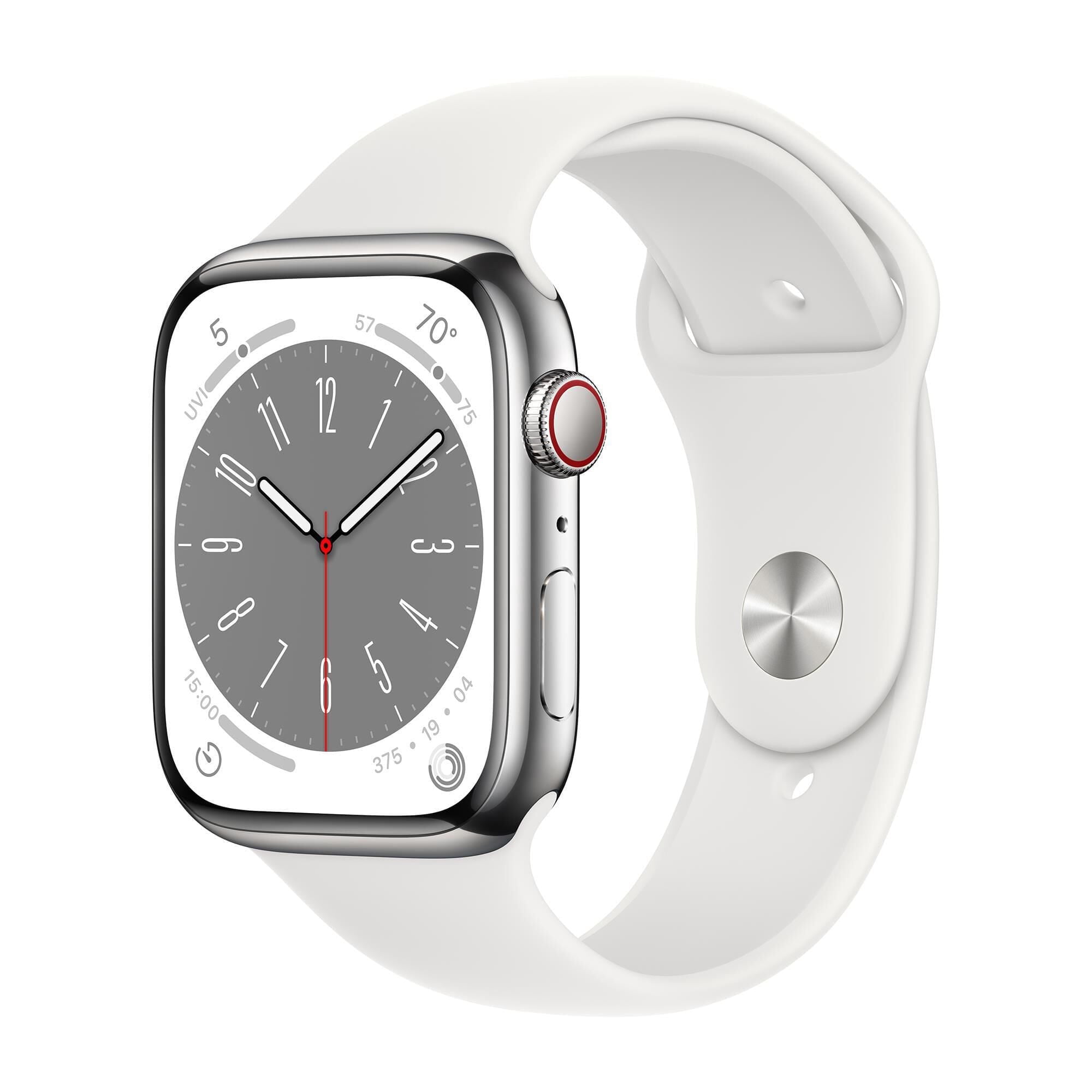 Apple Watch Series 8 GPS + Cellular 45mm Silver Stainless Steel Case with White Sport Band - M/L. Fitness Tracker, Blood Oxygen & ECG Apps, Always-On Retina Display
