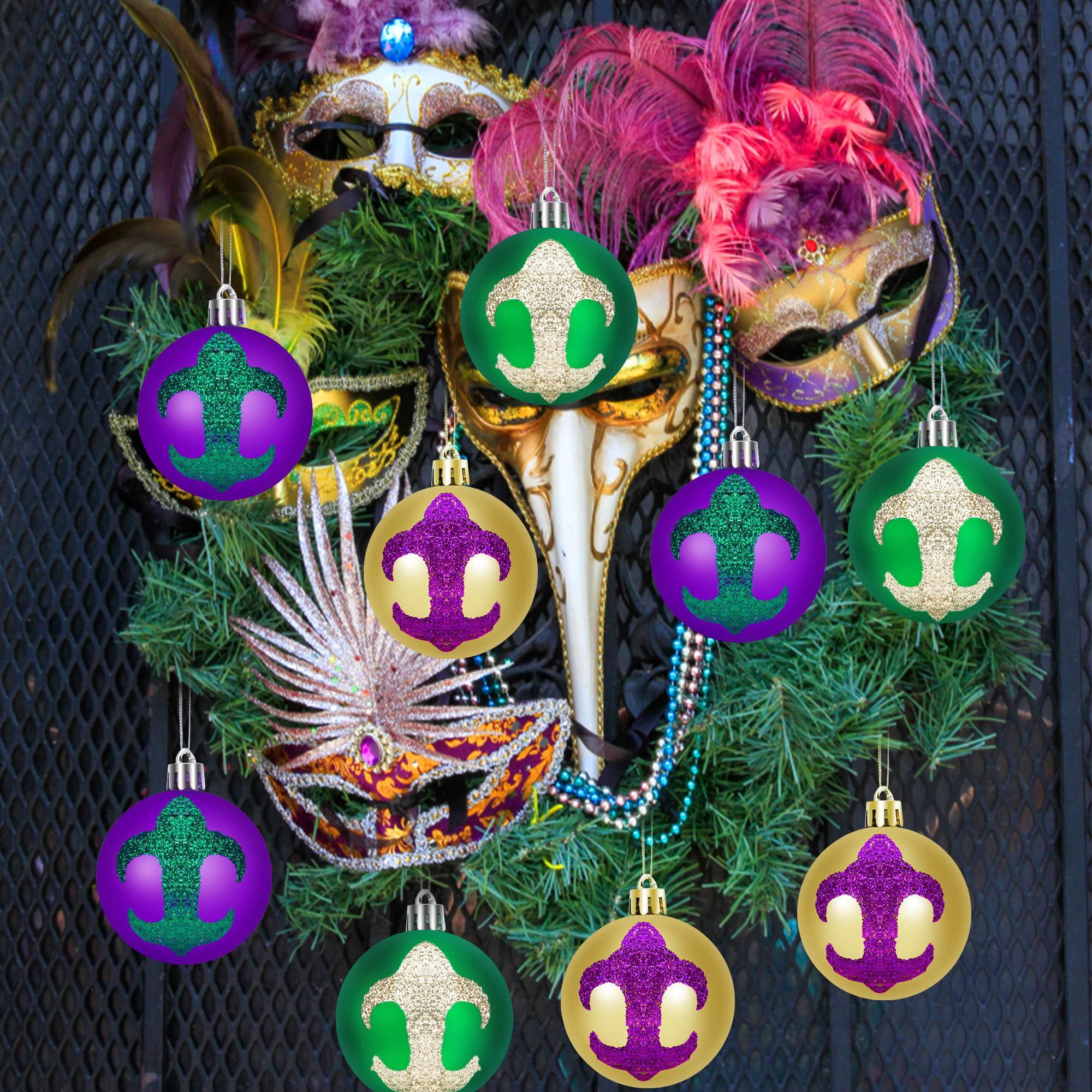 12pcs Mardi Gras Party Decoration-2.36 Inch Shatterproof Hanging