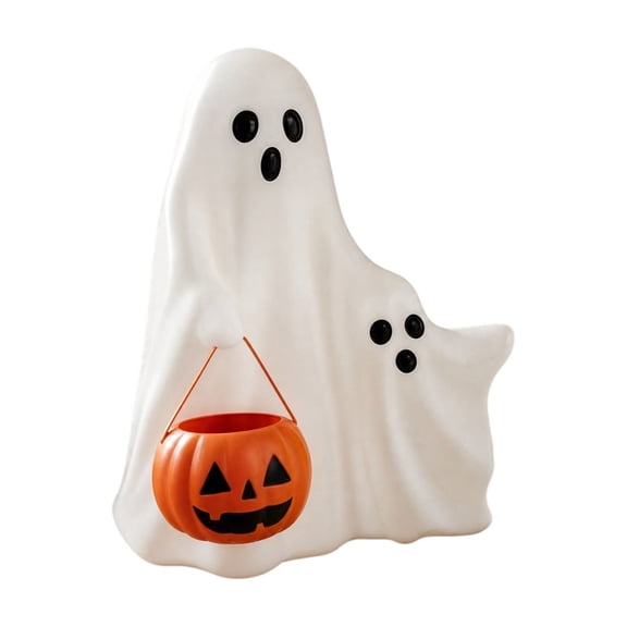 Halloween Cute Ghost LED Lamp with Pumpkin Bucket - Warm Light Resin Night Light for Indoor Fall Tabletop Decor, Spooky Cozy Ambiance