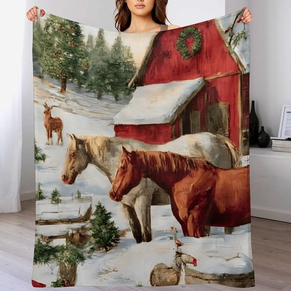 RKSupls Christmas Throw Blanket, Soft Warm Flannel Horse Pattern Blanket for Christmas Home Bed Sofa Couch Decor,50x60 in