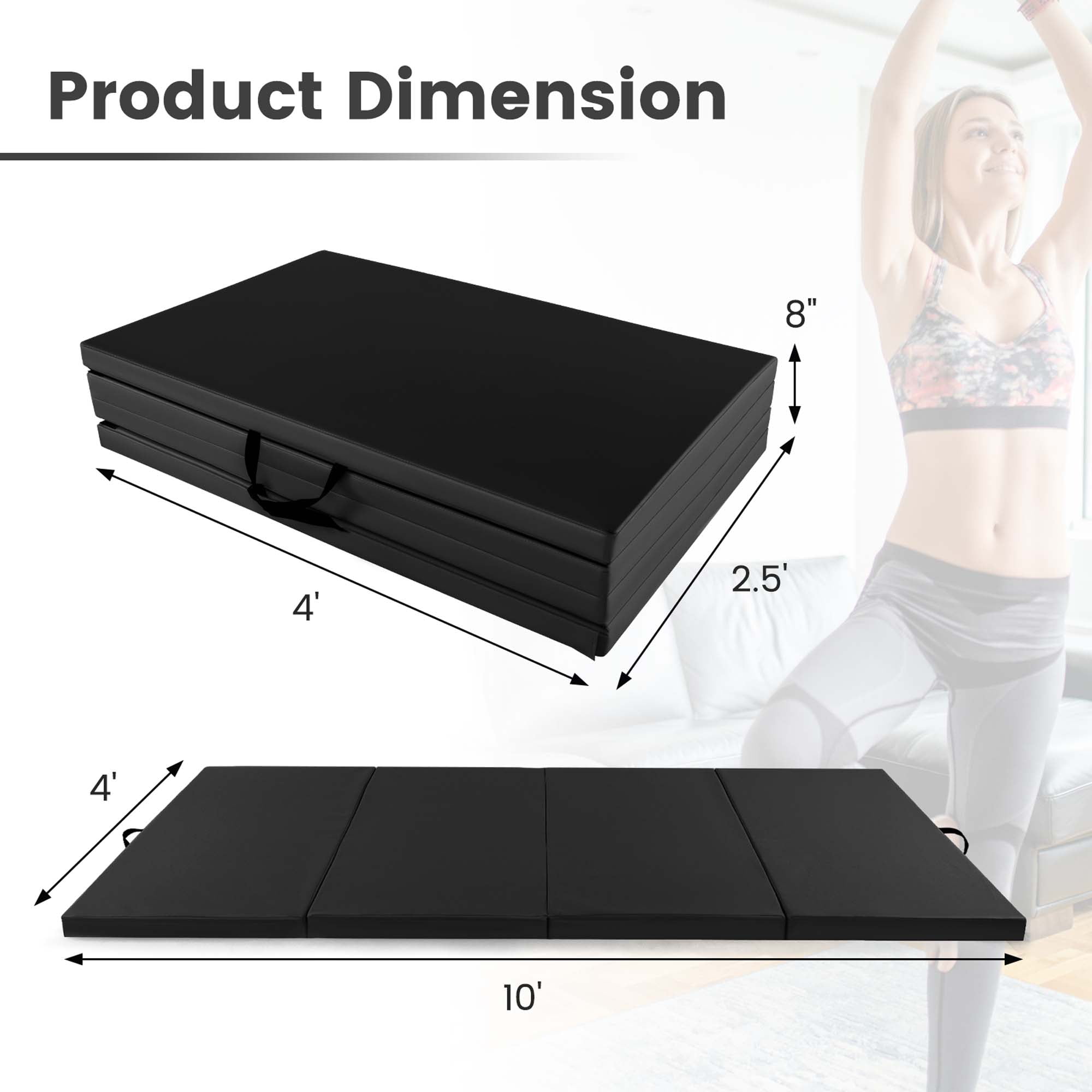 Costway 10' x 4' x 2" 4-Panel Folding Exercise Mat with Carrying Handles for Gym Yoga Black